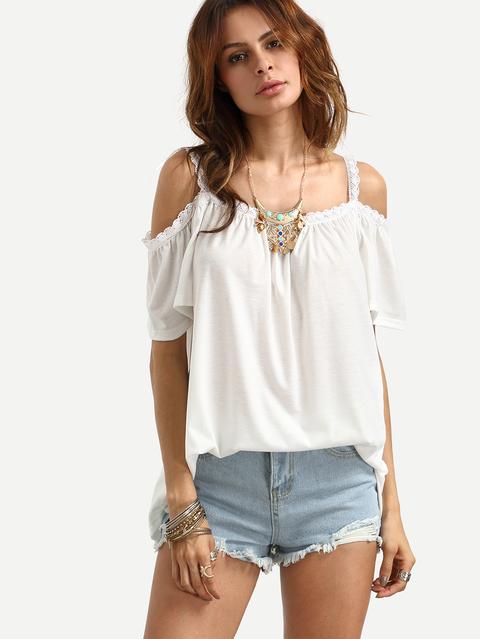 White Cold Shoulder Crochet-trim Ruffle Blouse