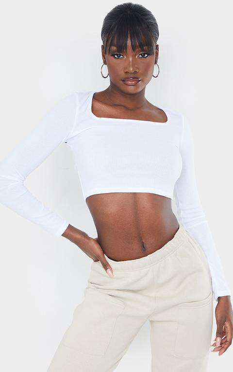 Tall White Square Neck Ribbed Long Sleeve Crop Top