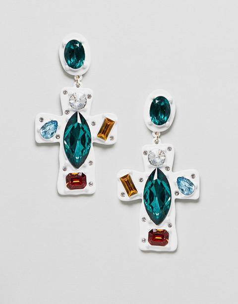 Pendientes Blancos Con Diseño De Cruz Y Pedrería Multicolor De Asos Design