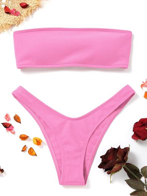 high cut ribbed bandeau bikini set