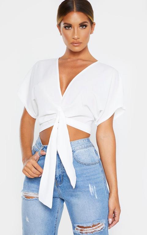 White Chiffon Knot Front Short Sleeve Crop Blouse