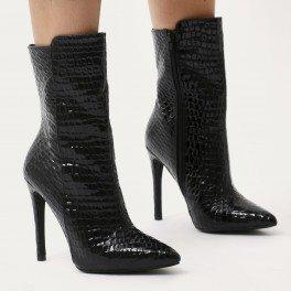 Chile Asymmetric Pointed Toe Ankle Boots In Black Faux Snake