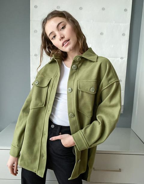 Stradivarius Brushed Overshirt Shacket In Khaki-green
