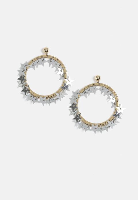 Gold Look Star Sequin Drop Hoop Earrings, Silver