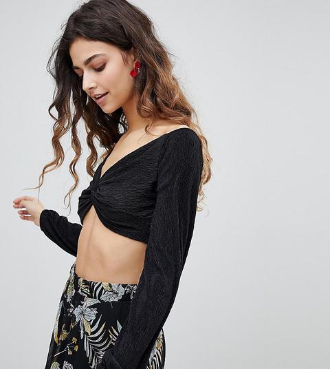 Miss Selfridge Long Sleeve Knot Front Crop Top-black