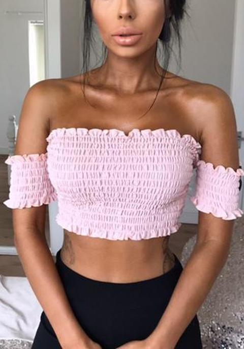 T-shirt Collo Pieghettato Manica Corta Rosa