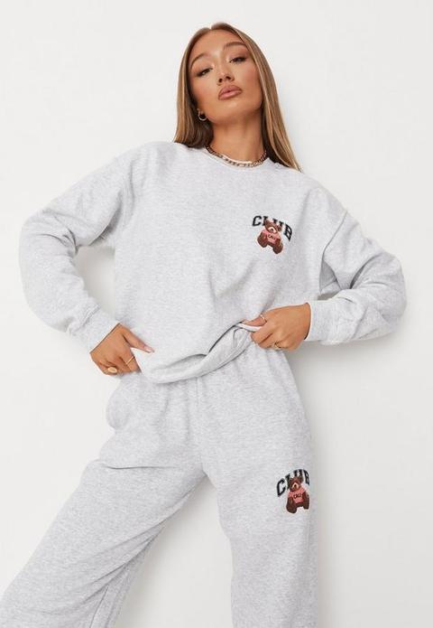 Grey Marl Cali Club Bear Graphic Oversized Sweatshirt, Grey