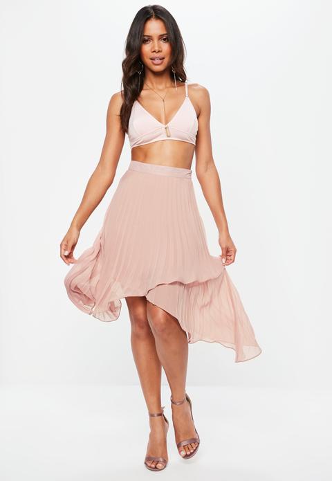 Pink Pleated Asymmetric Wrap Midi Skirt
