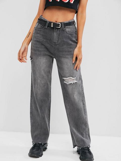 Ripped Raw Hem Straight Leg Grunge Jeans Blue Gray