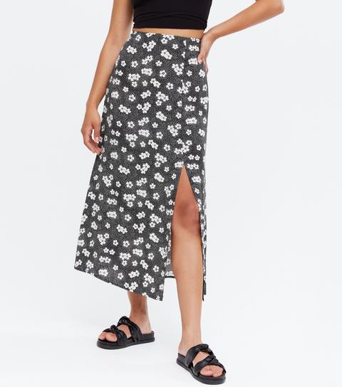 Black Ditsy Floral Spot Split Hem Midi Skirt New Look