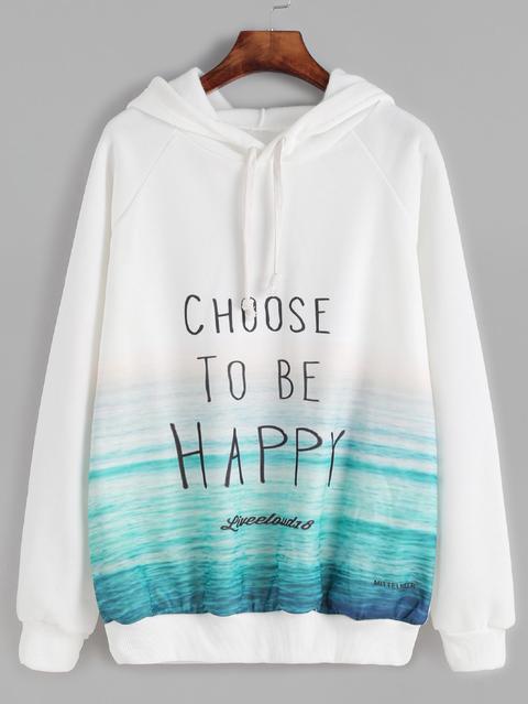 White Slogan Print Raglan Sleeve Hooded Sweatshirt