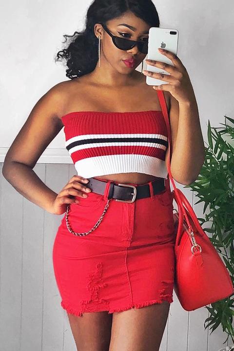 Red Stripe Knit Frill Bandeau Crop Top - Poppy