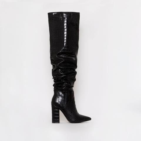 black croc thigh high boots