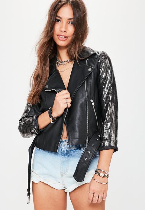 Black Sequin Sleeve Faux Leather Jacket, Black
