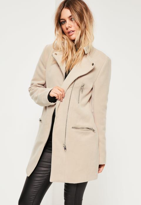 Collarless Biker Coat Nude