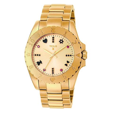 Reloj Motif De Acero Ip Dorado Con Espinelas Y Rubies