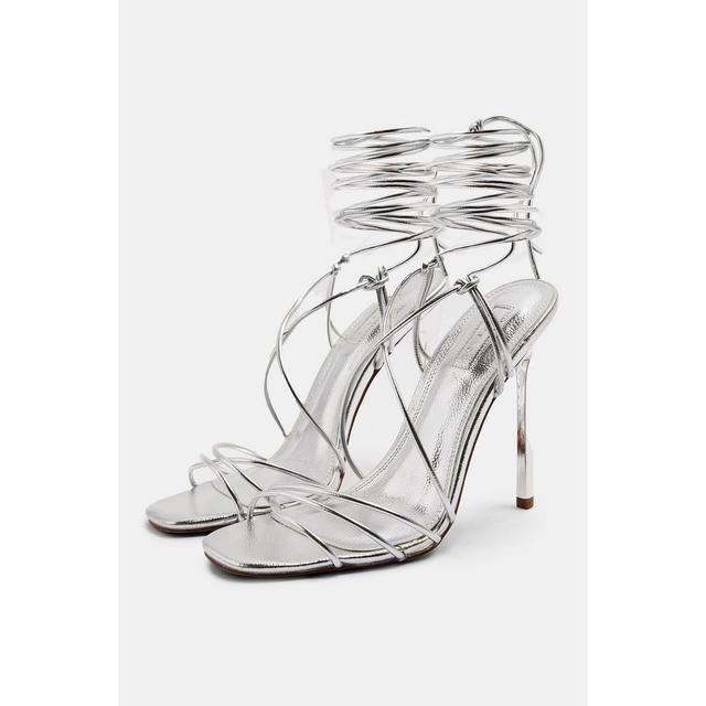 ankle tie silver heels