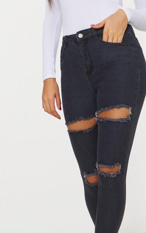 Washed Black Double Rip High Waisted 5 Pocket Skinny Jean