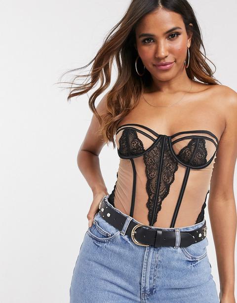 Asos Design Prama Sheer & Mesh Illusion Corset With Underwire-black