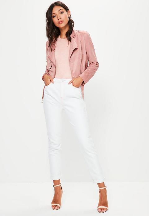 White High Rise Pink Stitch Mom Jeans, White