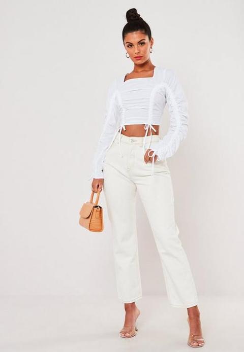 Petite White Square Neck Ruched Detail Crop Top, White