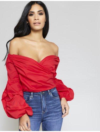 Red Off The Shoulder Sleeve Detail Top