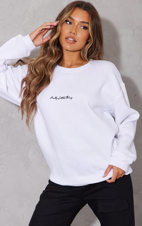 Prettylittlething White Embroidered Oversized Sweatshirt