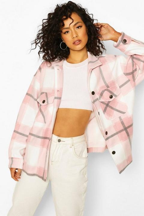 Womens Tonal Check Trucker Jacket - Pink - S, Pink