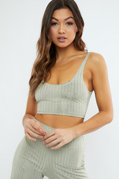 Green Co-ords - Kandis Sage Green Slinky Ribbed Scoop Neck Crop Top Co-ord