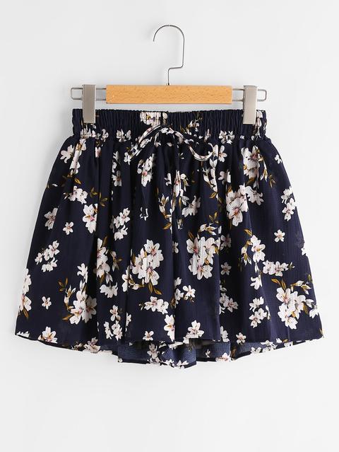 Floral Print Random Drawstring Waist Skort