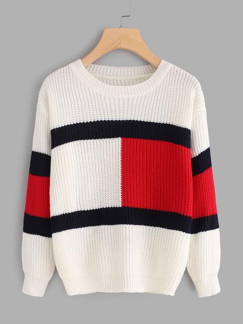 Drop Shoulder Color Block Knit Sweater