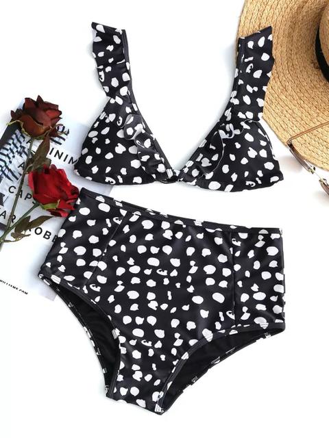 Conjunto De Bikini De Talle Alto Con Volantes Estampado Black