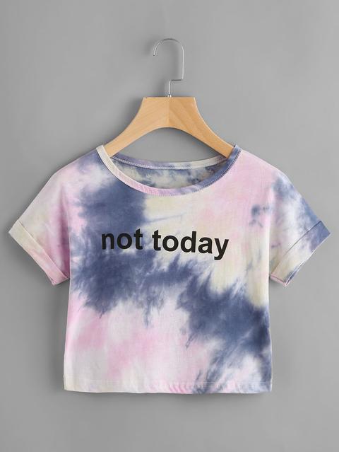 Slogan Print Tie Dye Cuffed Crop Tee