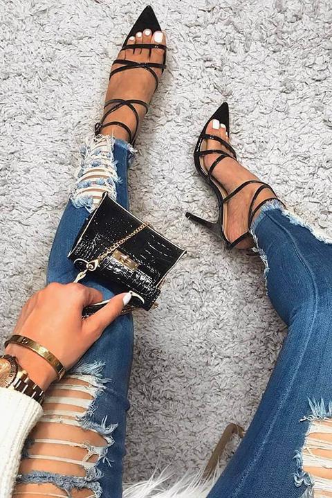 Black Patent Strappy Heels With Pointed Toe