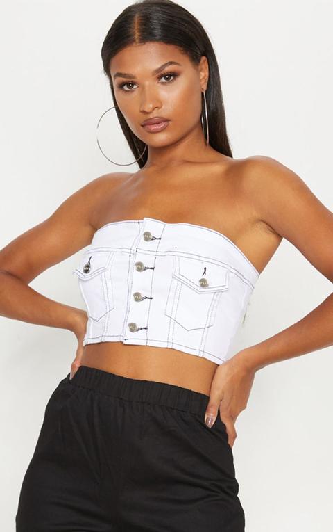 Maya Jama White Bandeau Denim Crop Top