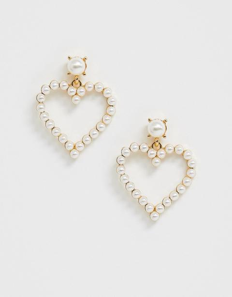 Pendientes Largos Con Diseño De Corazón Con Perlas De True Decadence-dorado