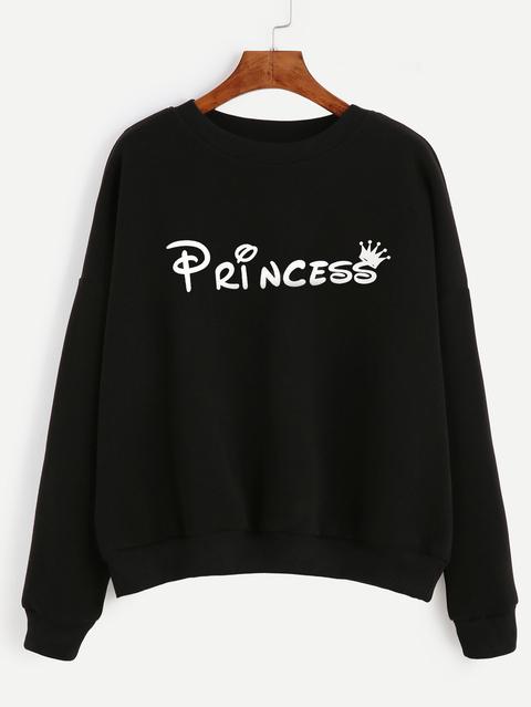 Sudadera Hombro Caído Con Estampado De Letras - Negro