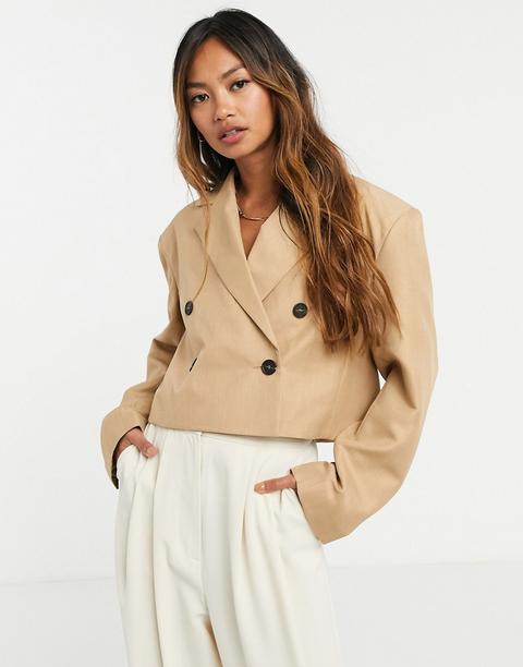 Asos Design Crop Strong Shoulder Suit Blazer In Camel-neutral