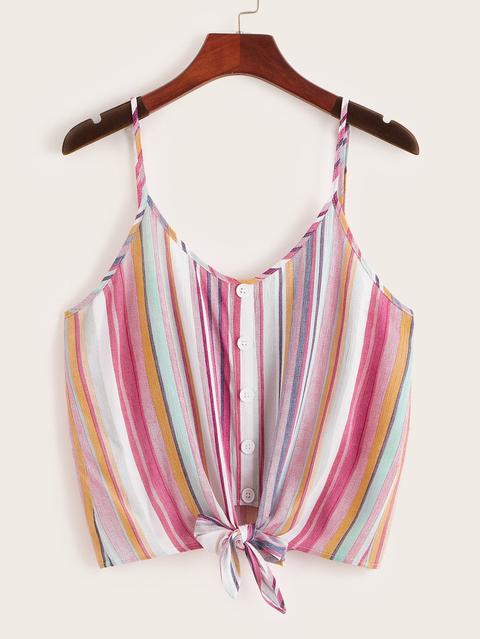Top A Righe Colorate Con Bretelle Sottile E Nodo Frontale & Bottone
