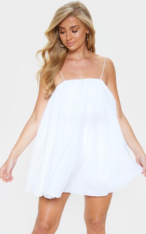 White Cotton Spaghetti Strap Puff Beach Dress