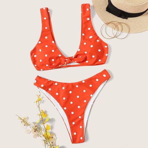 Bikini Top Con Nudo Delantero De Lunares De Pierna Alta