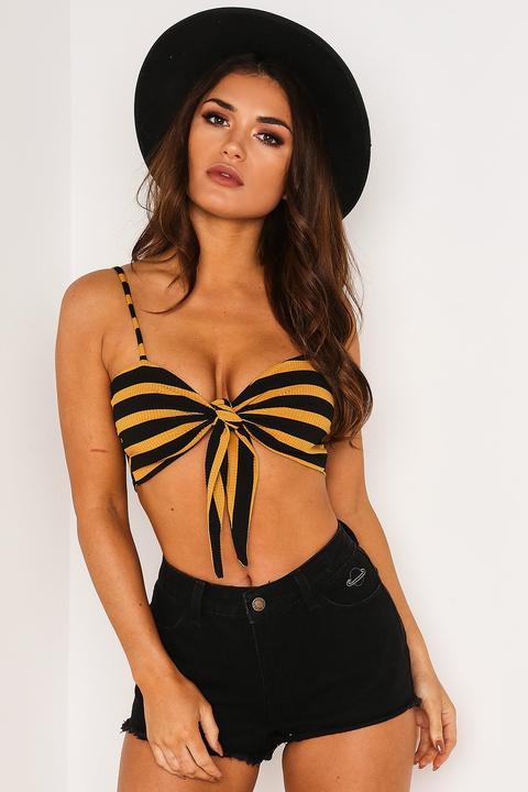 Black And Mustard Stripe Tie Front Crop Top