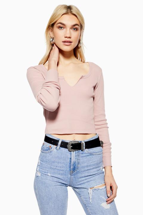 Womens Notch Neck Long Sleeve Top - Dusty Pink, Dusty Pink