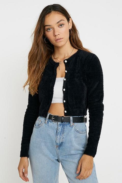 Narrated Fluffy Black Micro Cardigan - Black Xs At Urban Outfitters