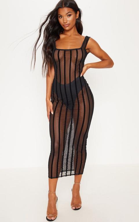 Black Mesh Stripe Scoop Back Midaxi Dress