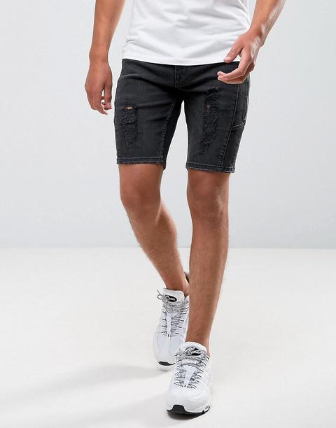 Shorts Vaqueros Ajustados En Negro Desgastado Con Detalle De Cremallera De Asos