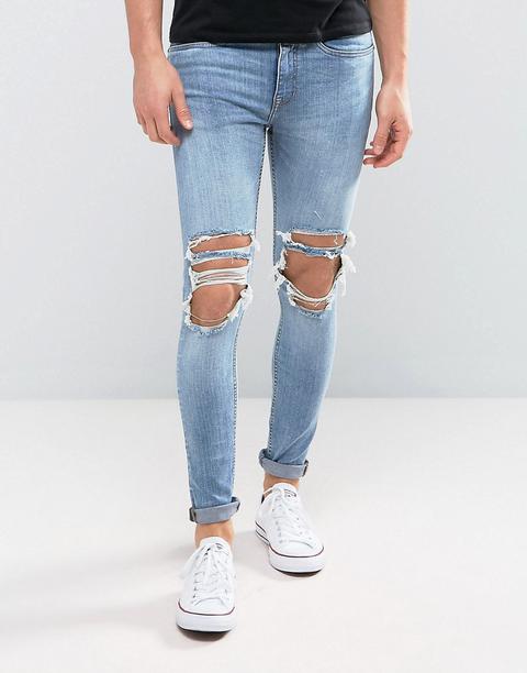 New Look - Jeans Super Skinny Lavaggio Medio Con Strappi Estremi - Blu