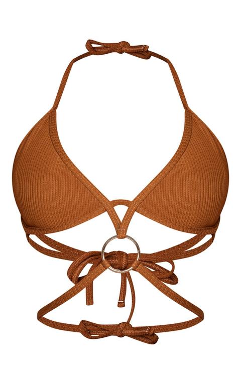 Brown Underwired Ribbed Ring Bikini Top