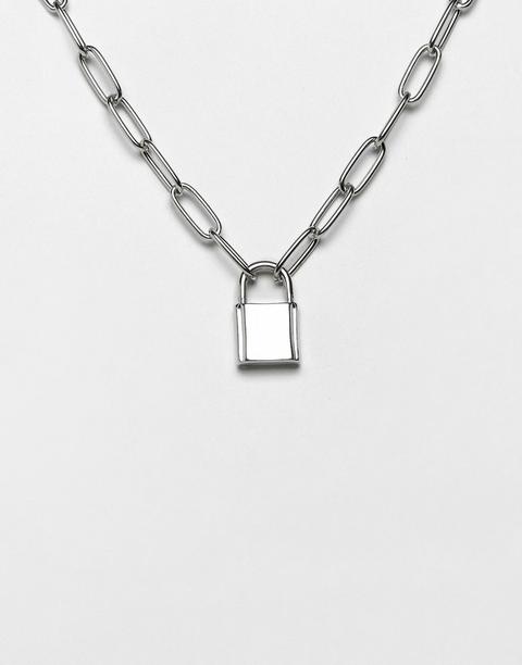 Asos Design Necklace With Hardware Chain And Padlock In Silver