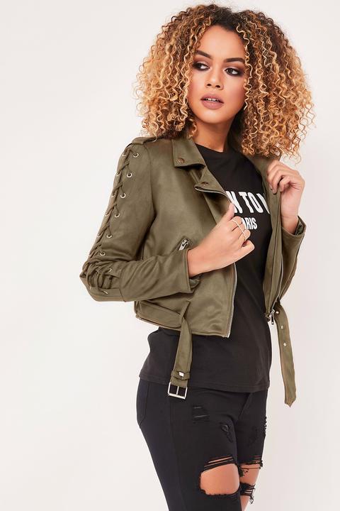 Melissa Khaki Suedette Eyelet Biker Jacket